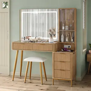 FUSOU 47“W Fluted Vanity Desk with Mirror and LED Lights, Nature LED Air Vanity, 5 Drawers Makeup Vanity with Power Outlet, 3 Lighting Modes, Brightness Adjustable, Glass Top, Vanity Table with Chiar for Bedroom, Natural