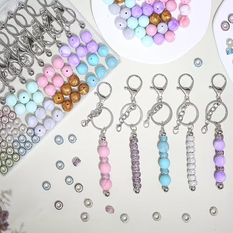 6 Set Beadable Keychains, Bulk Beadable Keychains Bars DIY Blank Keychain, Metal Beaded Keychain with Bars Silicone Beads Spacer Beads