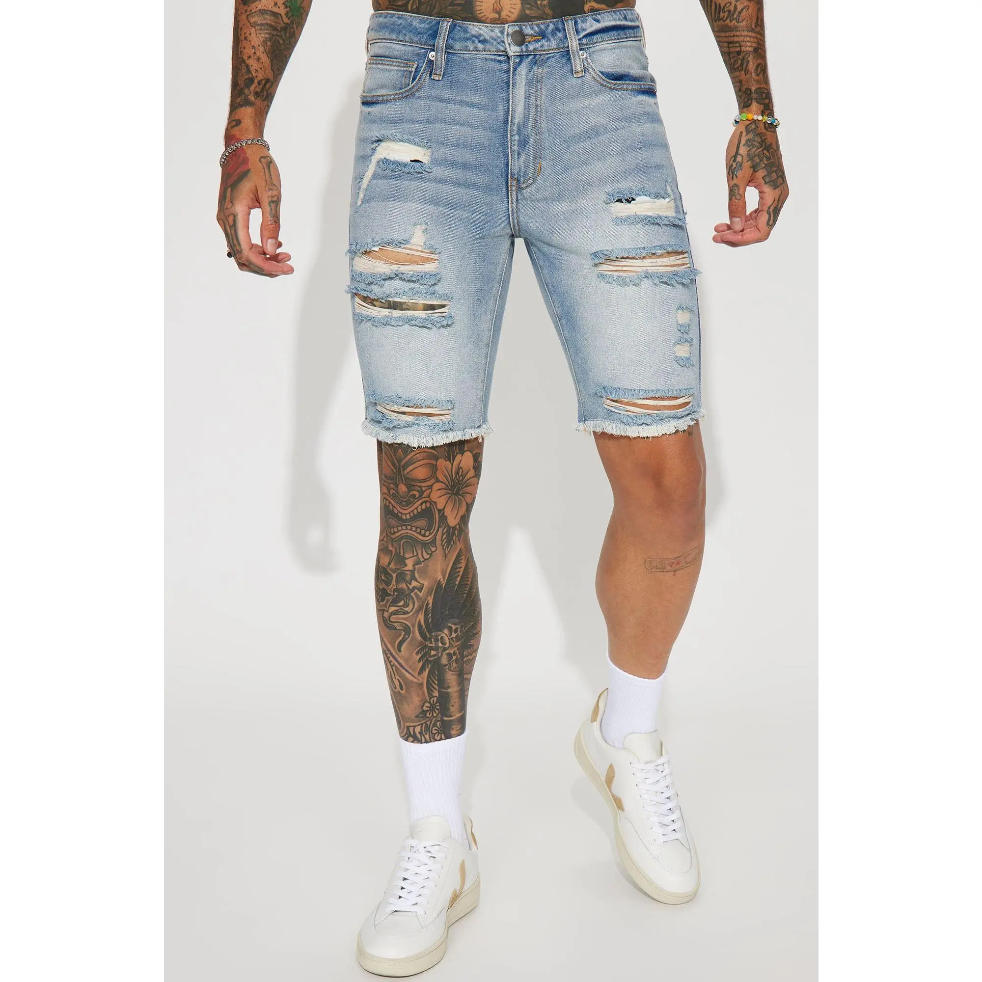 Back To It Distressed Raw Hem Slim Denim Shorts - Light Wash