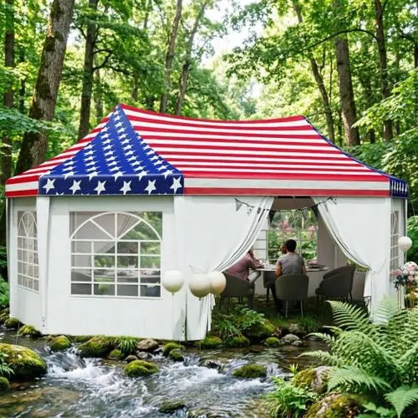Patriotic American Flag Extra Large Outdoor Party Tent 22x16ft, UV Protected Canopy with Cathedral Windows & Zipper Doors for Wedding, BBQ, Graduation & Backyard Events