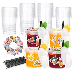 30-Count Summer Party Buckets| 32oz Clear Plastic Drink Cups with Lids & Straws for Cocktails, Slushies, Iced Coffee| Bulk Supplies for Pool, Beach, Picnic + 50 Fun Stickers coffee bucket#Halloween Party