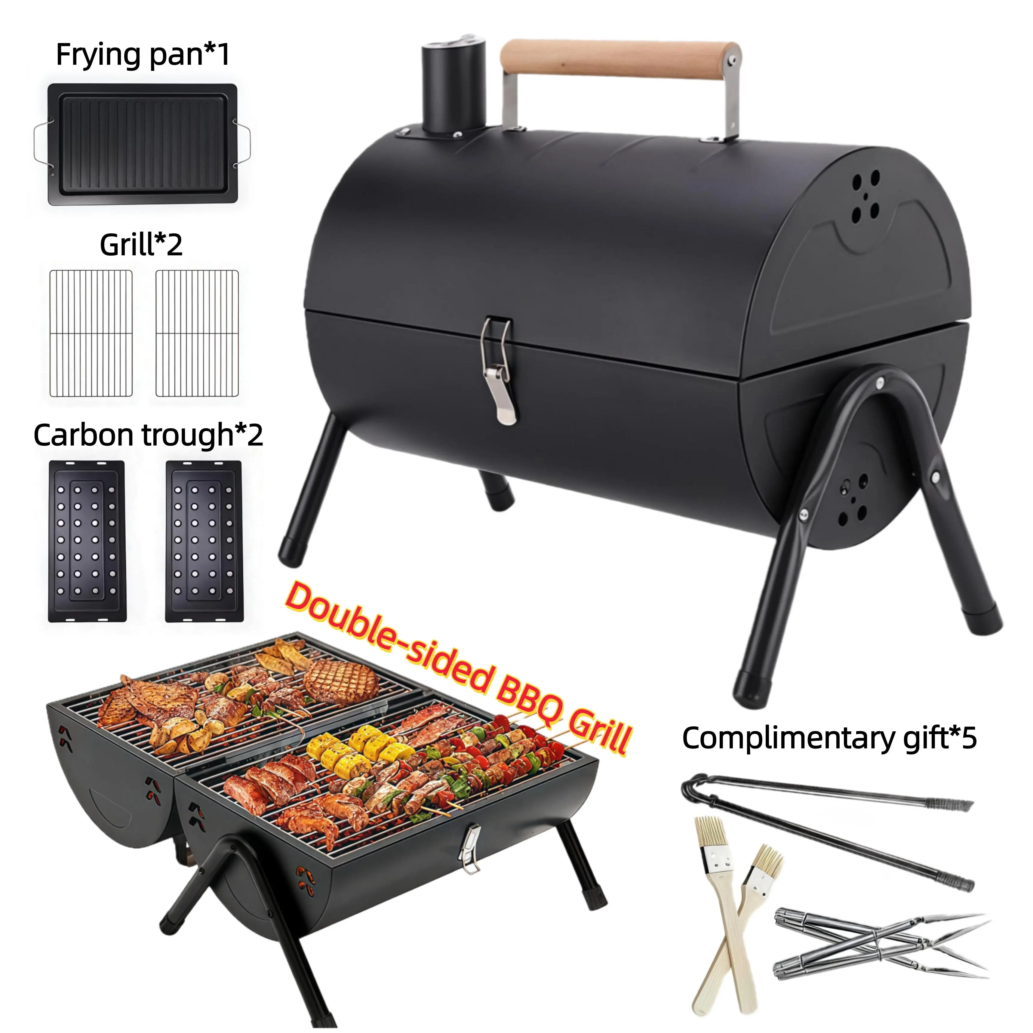 11-in-1 Double-sided Portable Charcoal Grill with Smoker Function，Spit Roast Shovel Fork Grill & Heat Resistant Clip，or Outdoor Cooking Backyard Camping Picnic Beach, Multi-Person  DualPurpose BBQ camp stove ，2 Carbon trough, 2 Baking Net,1 Baking Pan