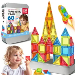 deAO 60-Piece Travel Magnetic Construction Set – Bold Colors Magnetic Tiles Building Blocks Toy Set Christmas Gift for Boys Girls Kids