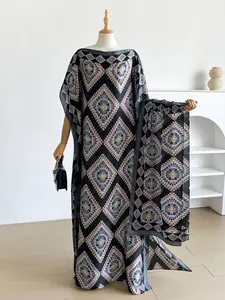Elegant Geometric Print Robe Set, Loose-Fit Sundress + Scarf, Sun Protection Silk Scarf, Beachwear for Women, All-Season Fashion, Beach Cover Up