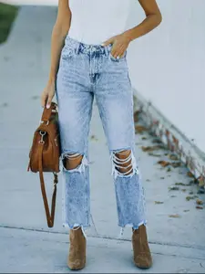 Women's Plain Ripped Jeans, Casual Fashion Straight Leg Denim Pants for Daily Wear, Ladies Bottoms for Summer