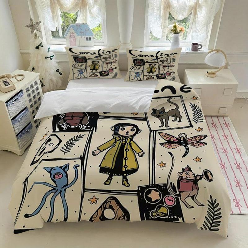 3pcs C-coraline Comic  Theme Bedding Set, Light Base, Vintage Fun Fantasy Dark Style, 1 Fitted Sheet + 2 Pillowcases, Soft