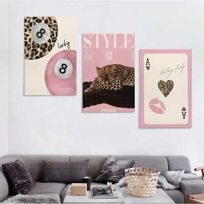 Frameless 3-Piece Canvas Print Set - Fashionable Leopard Print, Pink Girls' Lucky 8 Ball, Waterproof Aluminium Border Wall Art Posters, Wipe-Clean Wardrobe & Living Room Home Decor Gift, 2D Modern Art Design, Water Proof, Feminine