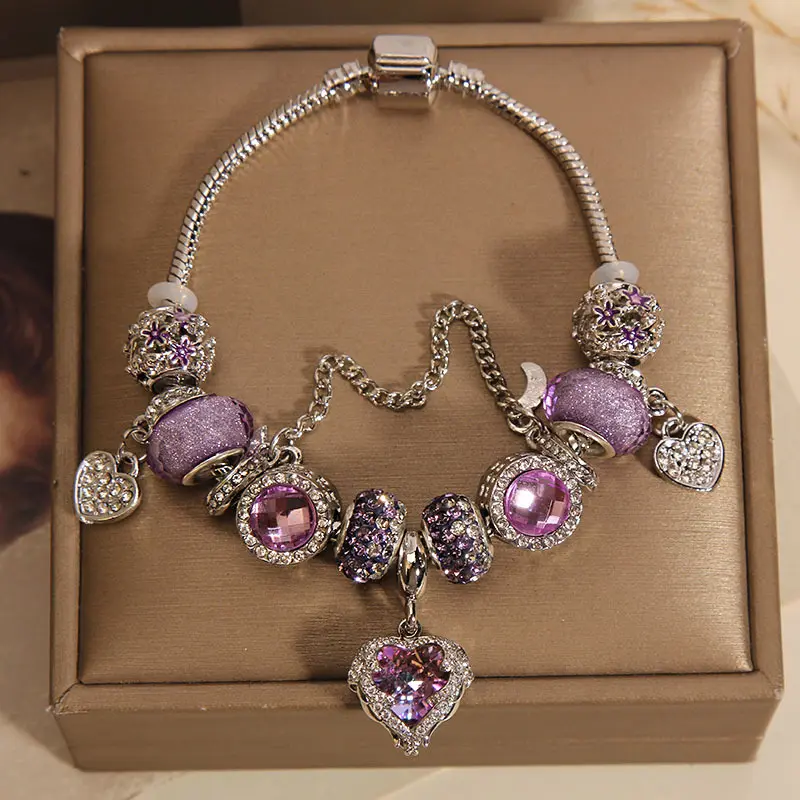 Women's Silver-Tone Snake Chain Bracelet with Romantic Purple Crystal Heart Charm, Beads & Safety Chain - Elegant Costume Jewelry Gift for Birthday, Valentine's Day