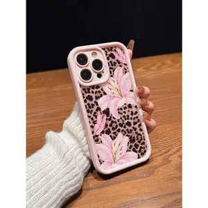 Cute Pink Lily Flower & Leopard Print Case for iPhone 17 Pro Max 16 16e 15 14 Plus 13 12 Mini 11 Air X XS Pattern Soft TPU Rubber Camera Protection Rugged Mobile Phone Cover Gift 2D printing Cellphone Protective