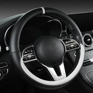 Morandi Color Steering Wheel Cover, Nappa Leather, Fashionable Sporty Style, Universal 15 inches,Black and White