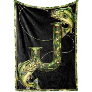 Fishing Blanket, Fishing Gifts for Men, 280gsm Initial A-Z Flannel Throw Blankets,Coach Unique Gifts for Fishing Lover , Soft Flannel Blankets for Bed Travel Sofa Living Room Decoration Gifts