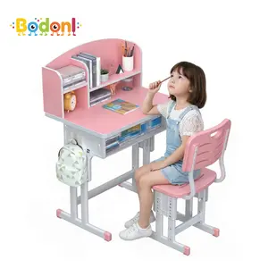 2Pcs/Set Kids Desk Chair Set, Height Adjustable Children School Study Table Chair Set with Storage Drawer, Ergonomic Desk Chair with Book Stand, Partition Design (Pink)