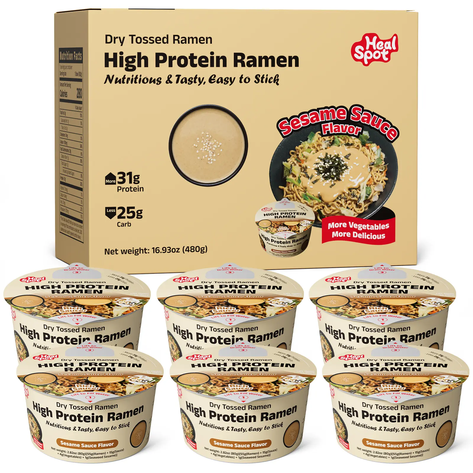 Healspot High Protein Ramen Bowls (6-Pack) 31g Plant-Based Protein - Low Carb & Low Fat - Sesame Sauce