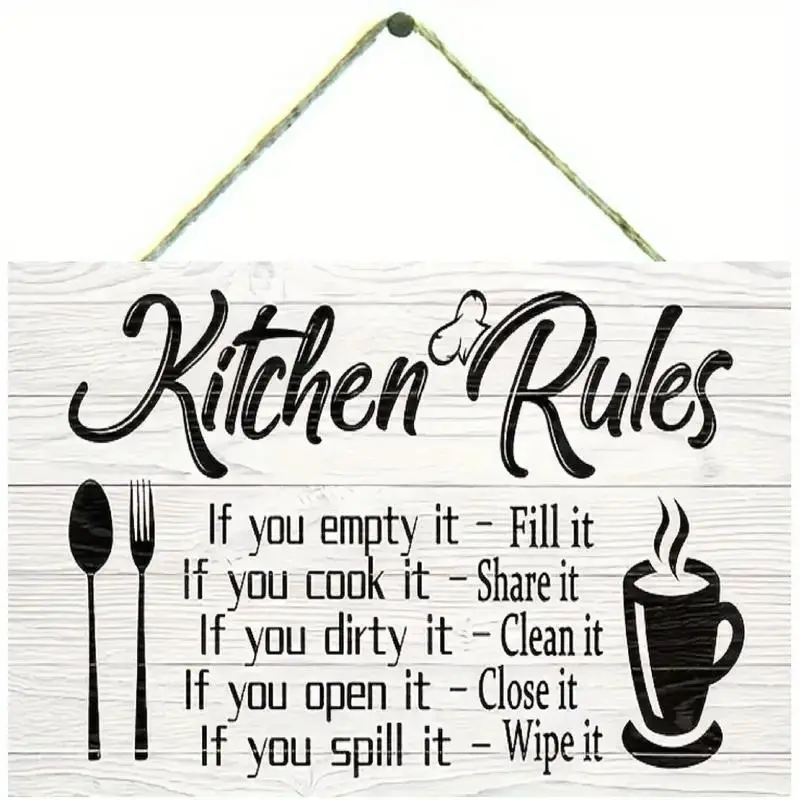 Kitchen Rules Themed Wooden Hanging Sign, Kitchen Rules Themed Wall Plaque, Rustic Farmhouse Design Wall Decor for Home Kitchen Dining Room