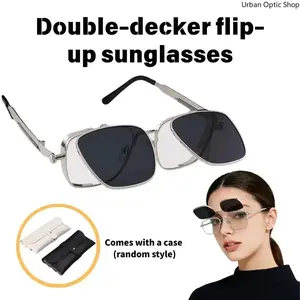 XUH Unisex Retro Steampunk Flip Sunglasses, Square Metal Frame Double Layer 2 Ways Wear, Stylish Gold Silver Rim Eyewear for Parties Events Holidays Streetwear Daily Wear