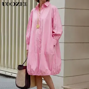 UOOZEE Women's 2025 New Basic Cotton Office Wear Dress - Solid Color, Collared Lapel, Puff Sleeves, Pleated, Buttoned, Pockets, Loose Fit, Breathable Midi Dress (Broad-Shouldered Women Recommended to Size Up),summervibes