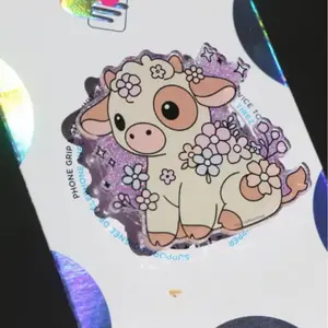 Spring Flower Cow Kindle Grip Sparkly Purple Resin Phone Grip MagSafe Compatible with Strong Magnetic Attachment and Adapter Ring Included