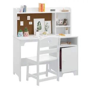 Garvee Children's Desk with Chair Set, Multifunctional Kids' Study Table with Shelf & Drawer & Pinboard, Children's Desk with Ergonomic Stool for Students, Kids from 3 Years, White
