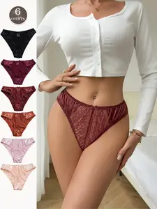 Women's Oil Gloss Lace Patchwork Comfort Triangle Panties, 6 Pieces Set, Soft and Breathable Underwear, Perfect for Daily Wear, Fashion Breathable Underwear