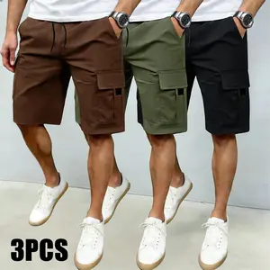 3-Piece Men's Shorts Set - Brown Black & Green - Slanted Pockets - Versatile Casual Wear - 3-Piece Bottoms for Everyday Use Menswear Overalls shorts men