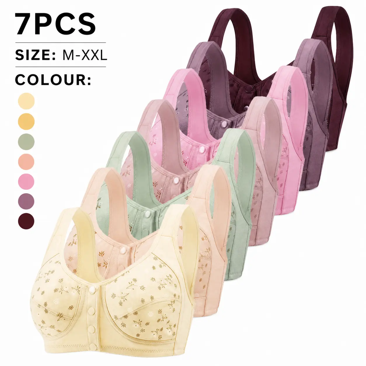 Women's 7-Pack Front Closure Wireless Bras - Everyday Light Support Lace Bralettes, Ultra-Soft Comfortable Fabric Yoga Sleep Bras, Breathable Stylish Holiday Homewear Set (M-XXL)