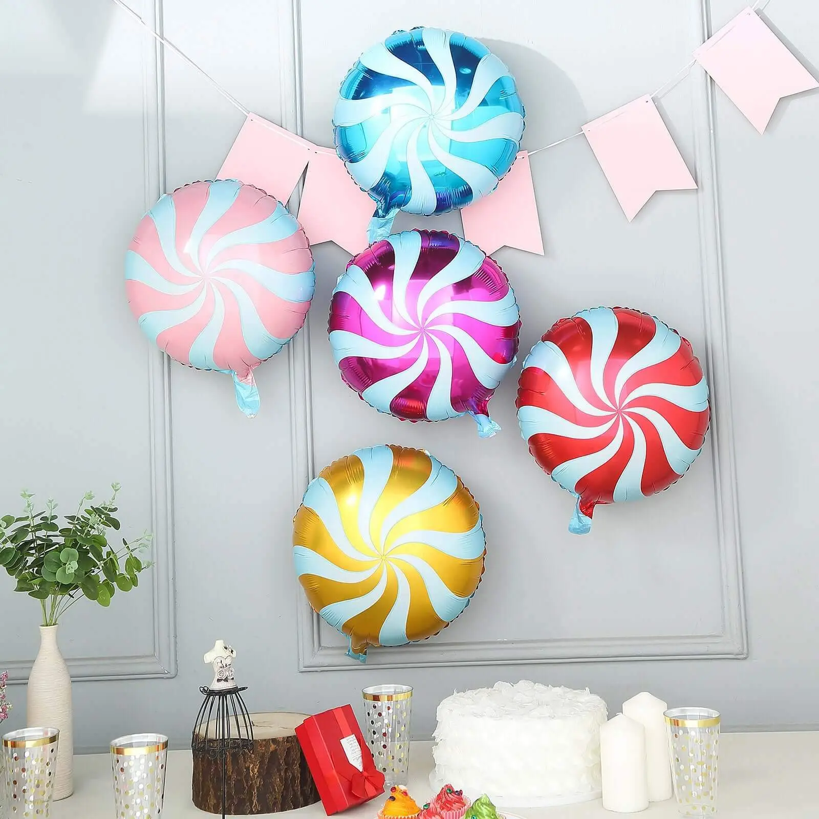 5 Pack Candy Striped Swirl Print Mylar Foil Helium/Air Balloons 13"