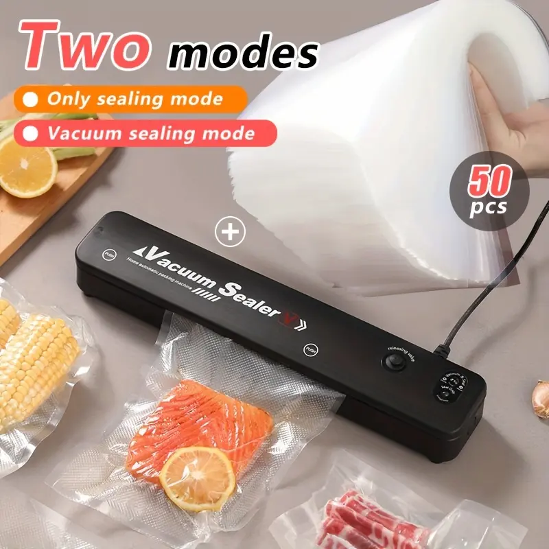 1pc Vacuum Sealer Machine, Free with 50 Vacuum Storage Bags, for Food Storage And Keep Fresh with Kitchen Must Haves, Vacuum Sealing And Heat Sealing 2-in-1 Bag Sealers, Keep Food Fresh, Button Operation - Suitable for Everyone, Christmas Gift Ideas