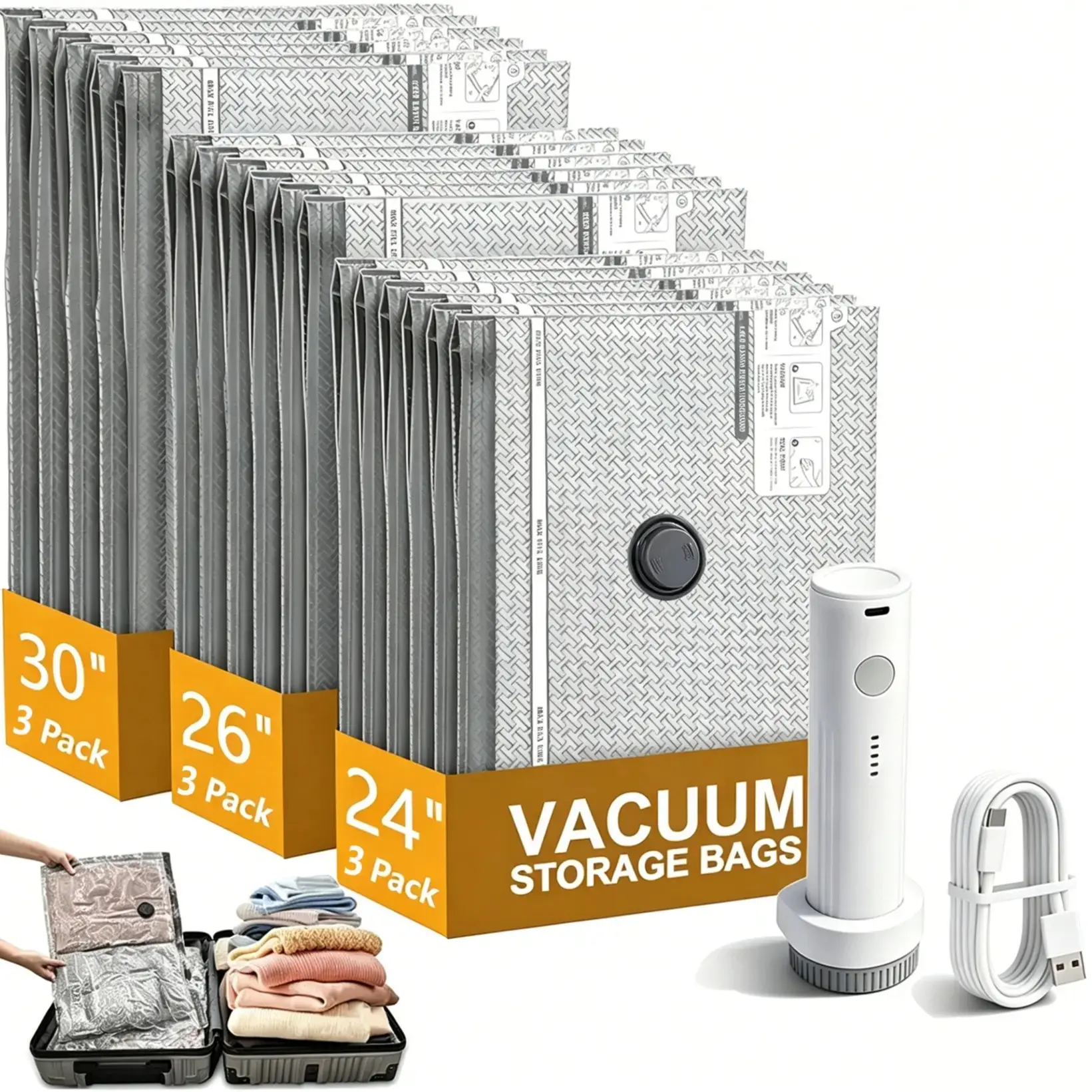 2026 New Cordless Vacuum Seal Storage Bags (15 Packs) with Rechargeable Air Pump, Airtight Resealing Travel Organization Pouch, Durable Lightweight Portable Storage Organizer for Home & Luggage Clothes