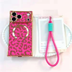 2-Piece Luxury Sparkling Pink Leopard Pattern Square Phone Case Set with Beads, Pink Hanging Rope, MagSafe Magnetic, Anti-Slip, Anti-Drop, Fully Covered, High-End Wear-Resistant Protection for iPhone 14/15/16/17 Pro Max
