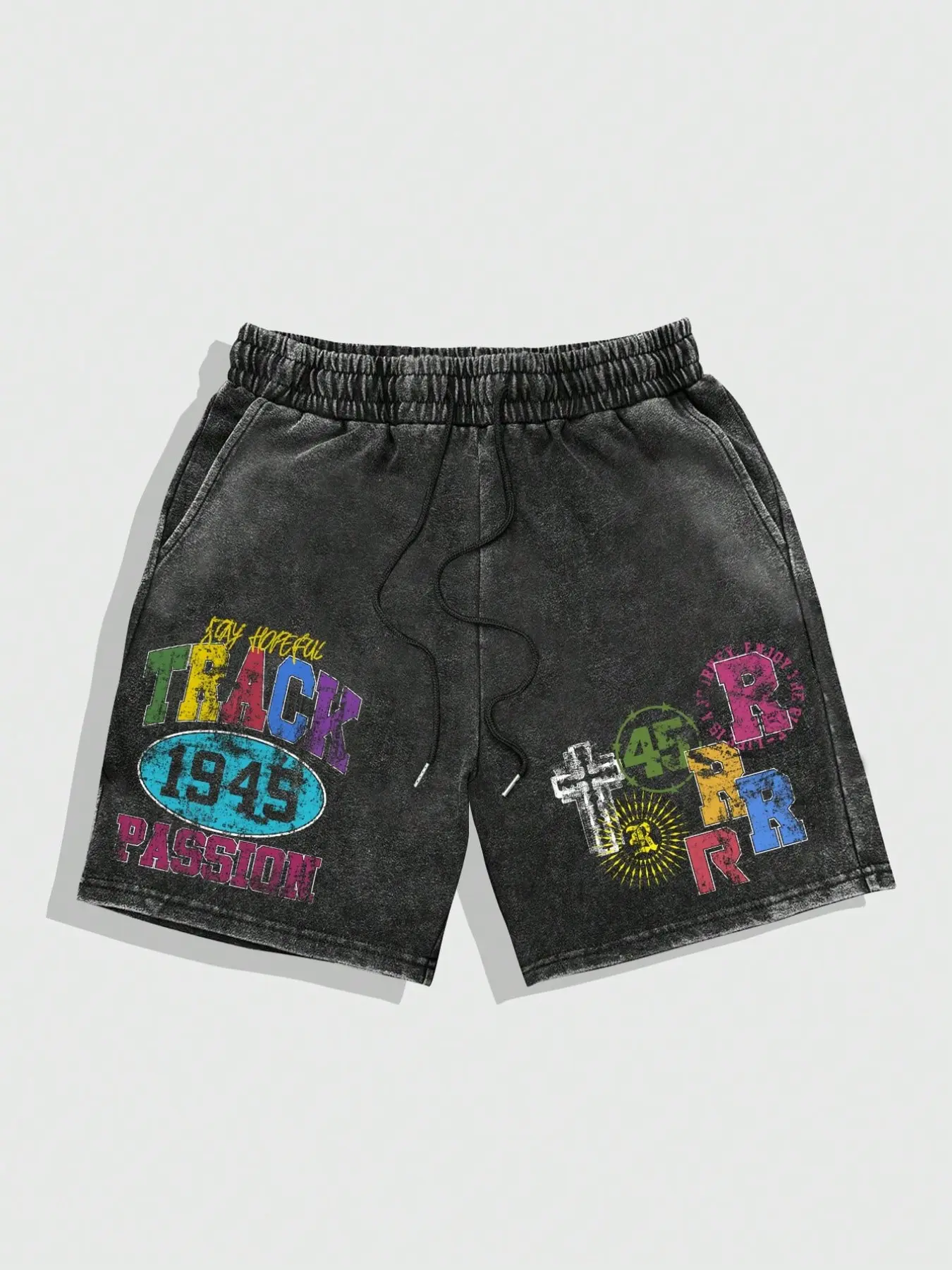 Men's Vintage Patchwork Shorts, Stay Hopeful Passion Graphic Print, 1945 Number, Summer Casual Streetwear, Soft Comfortable Pants, Drawstring Waist, Casual Sport Shorts