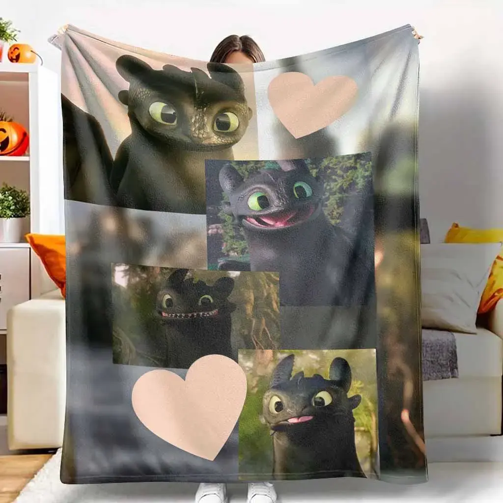 How to Train Your Dragon Toothless Night Fury Cartoon Print Flannel Blanket (50in-60in) - Ultra-Soft, Lightweight, Warm, Breathable, Wash-Free, Cute Animal Home Decor, Animal Face Theme Throws, Blue Dragon Character Throws for Sofa, Travel