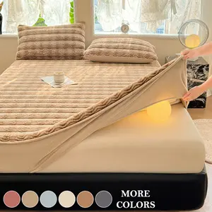 Faux Rabbit Fur Striped Fitted Sheet Bed Sheets 3-Piece Set – Luxurious, Soft & Warm Solid Color Bedding, Premium Set (Includes 1 Fitted Sheet + 1/2 Pillowcases), All-Season Use, Perfect for Bedroom, Dorm, Sofa, Fluffy & Cozy, Ideal Christmas Gift