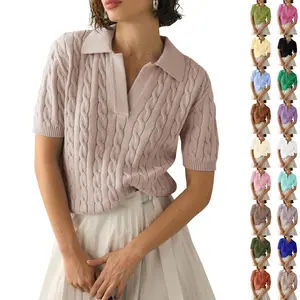 Goranbon Women's Cable Short Sleeve Sweaters Tops Solid Lapel V Neck Knit Casual Soft Pullover Shirt