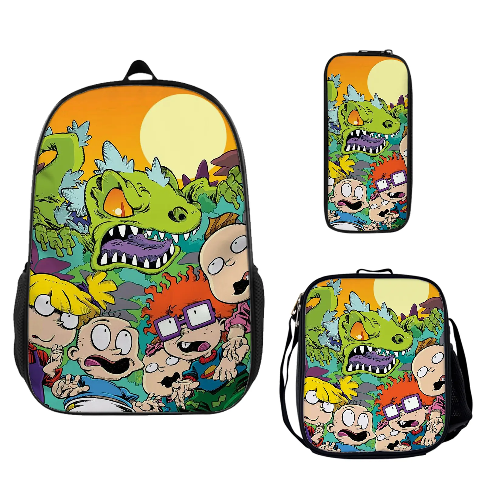 Rugrats Graphic 3-Piece Large Capacity Backpack Set - Vibrant School Bookbag with Insulated Lunch Box, Pencil Pouch, Adjustable Padded Straps, Lightweight Holiday & Casual Daily Use Daypack Gift for Teen Fans c-210, Camping, Cartoon, Set Pack, High-Defini