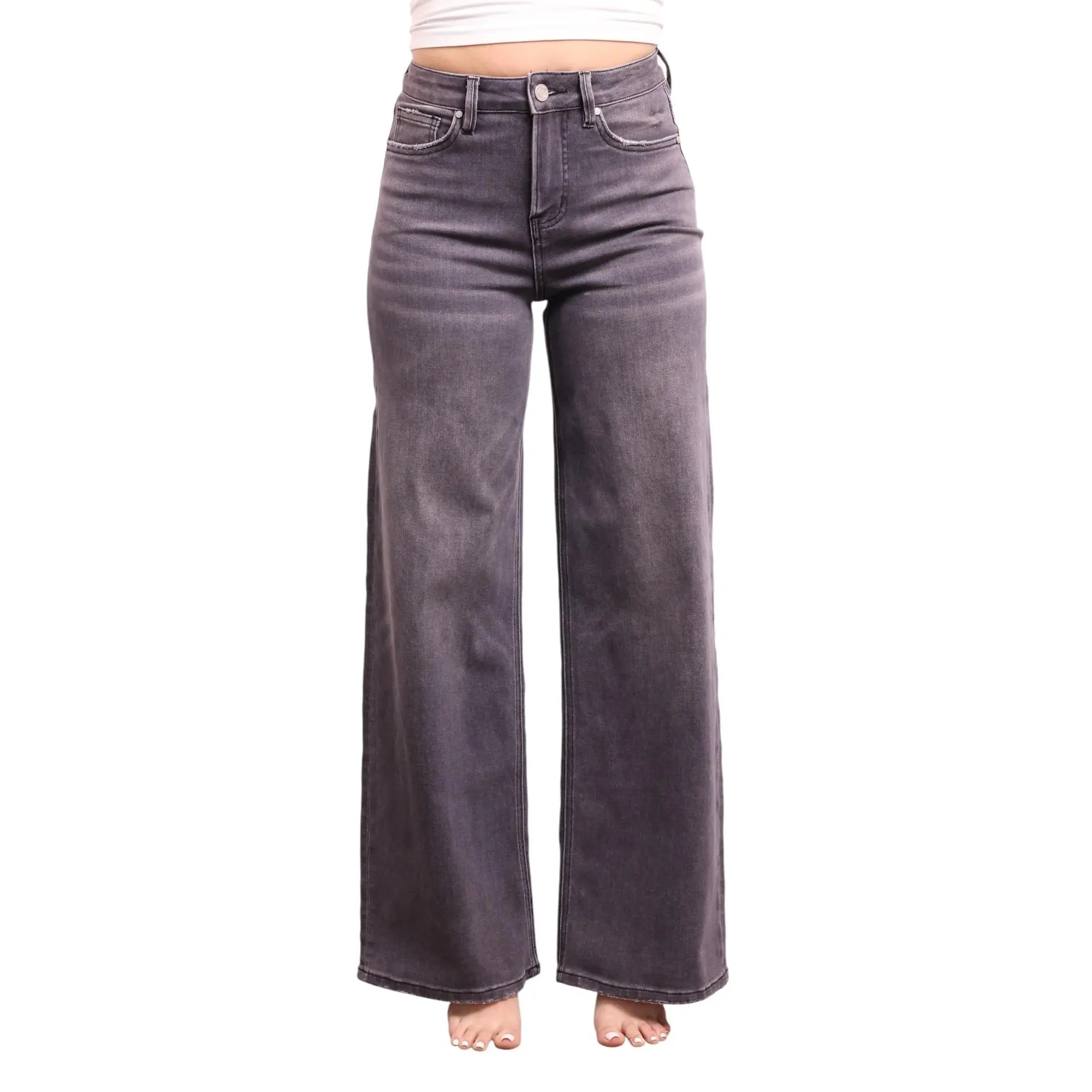The Tara High-Rise Charcoal Wide Leg Tummy Control Jeans - Three Inseams