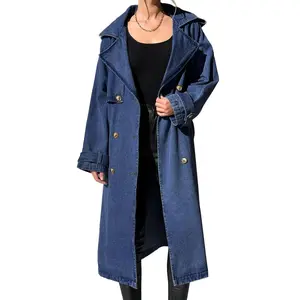 Imily Bela Women's Long Double Breasted Denim Jacket Oversized Button Down Maxi Jean Coat Classic Lapel Outercoat