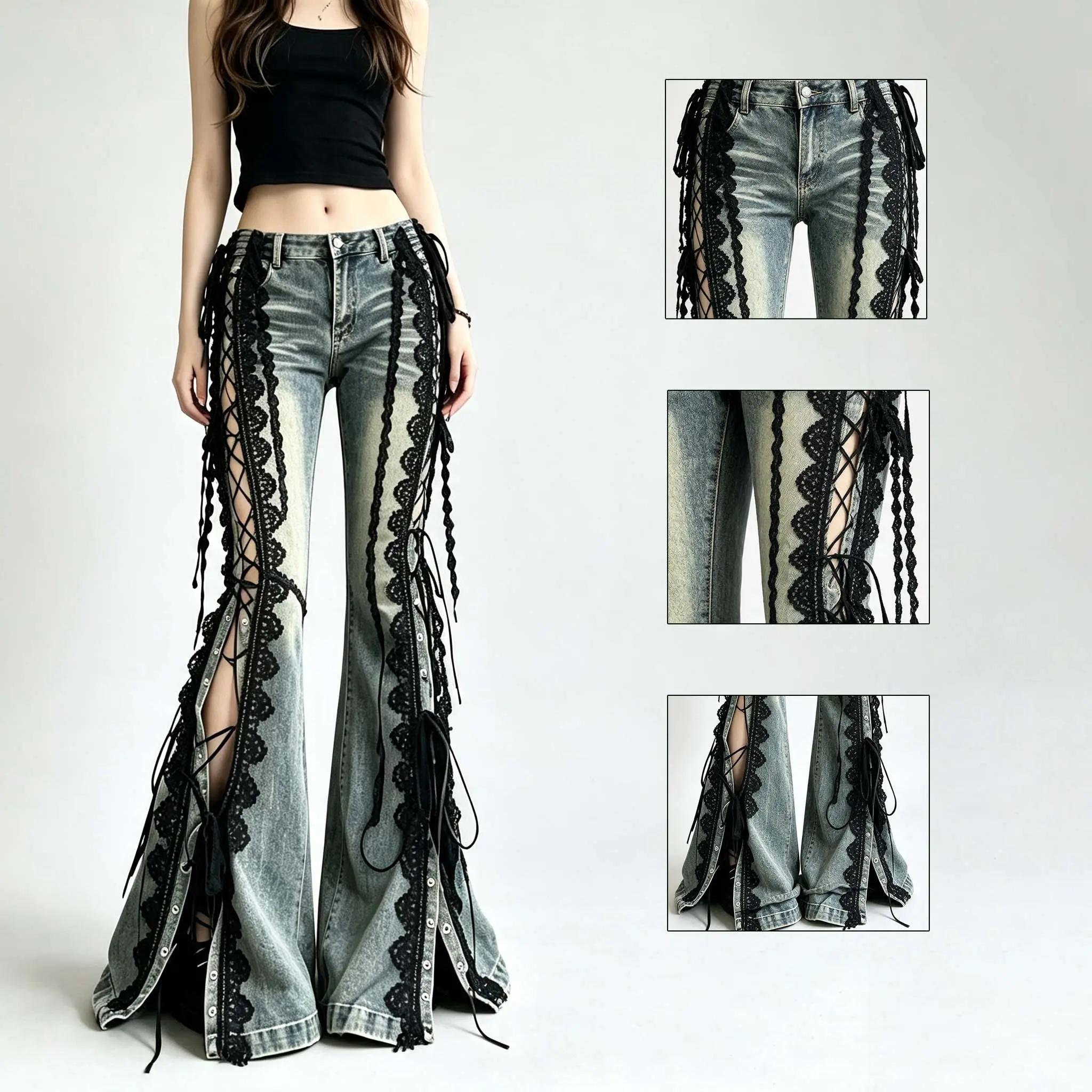 Women's Lace Up Flared Jants Y2K Low Rise Flare Jeans Side Lace Up Slit Hem Skinny Fit Through Hip Bell Retro Streetwear