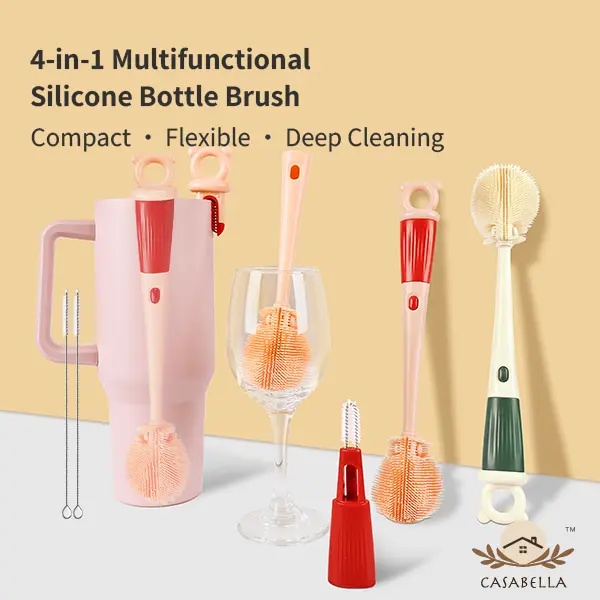 Casabella 4-in-1 Multi-Purpose Bendable Silicone Cleaning Brush, Red wine-glass Bendy Brush, Tumbler bottles Brush, Baby bottles Brush, Coffee mugs Brush, and more– Non-toxic, odorless, and heat-resistant, Extended Handle Version