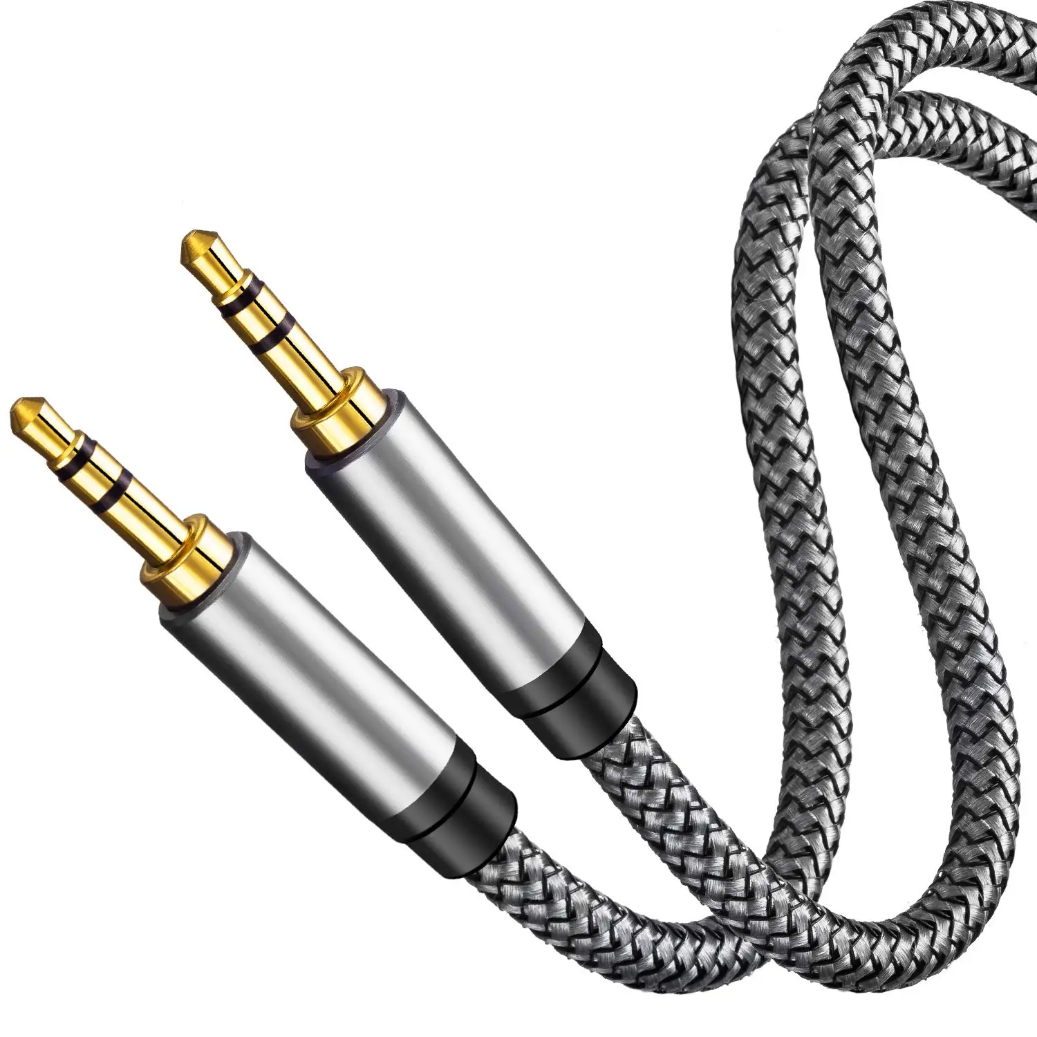 3.5mm A/V Adapters & Cables, Metallic Shell Nylon Braided Male-to-Male Auxiliary Cord (1Ft/0.3M Silver) for Headphones, Car Stereos, MP3, Portable Speaker, Electronic Devices, Single Cable