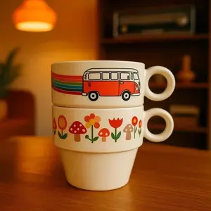 Ceramic Espresso Cups – Colorful Car & Rainbow Design Coffee Mugs