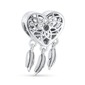 Sterling Silver Native American Indian Dream Catcher Heart Dangle Charm Bead Feather for Bracelet