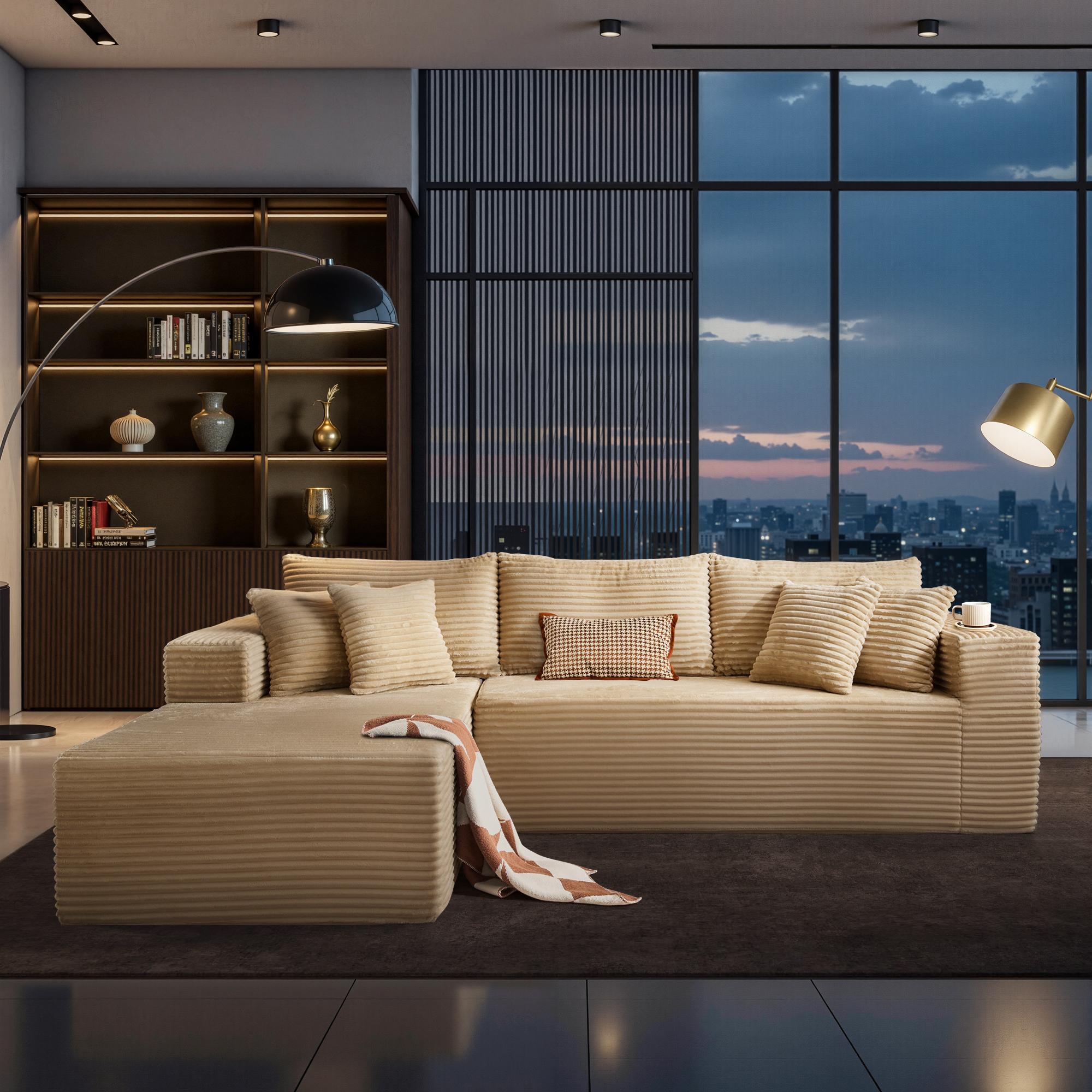 【Black Friday & Cyber Monday Deal】2 Packages Shipping OOSWIFT 108“ inches Plush Modern L-Shaped Cloud Sectional Sofa Corduroy Cloud Velvet Modular Couch with Chaise, No Assembly Required Sectional Sofa living room furniture