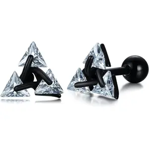 Unisex Geometric Triangle Stud Earrings, Stainless Steel Minimalist Cubic Zirconia Pierced Post Earrings for Men Women