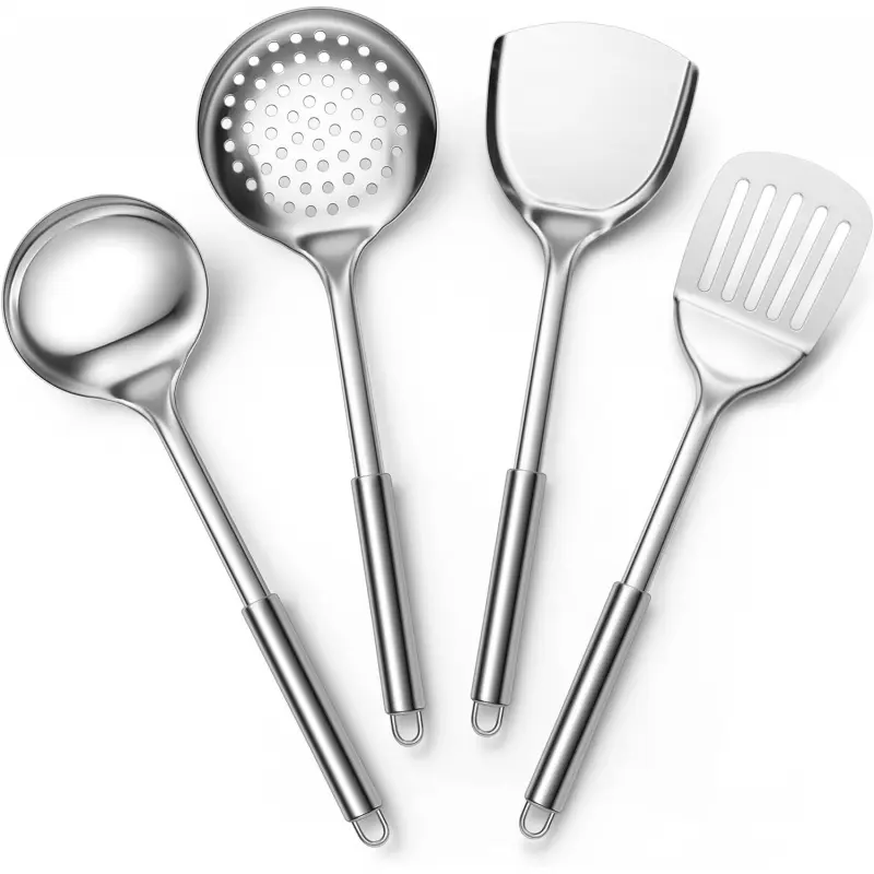 E-far Stainless Steel Cooking Utensils, 4-Piece Heat Resistant Kitchen Utensils Set, Metal Kitchen Tools Spatulas Set Including Soup Ladle, Slotted/Solid Turner, Skimmer, Dishwasher Safe