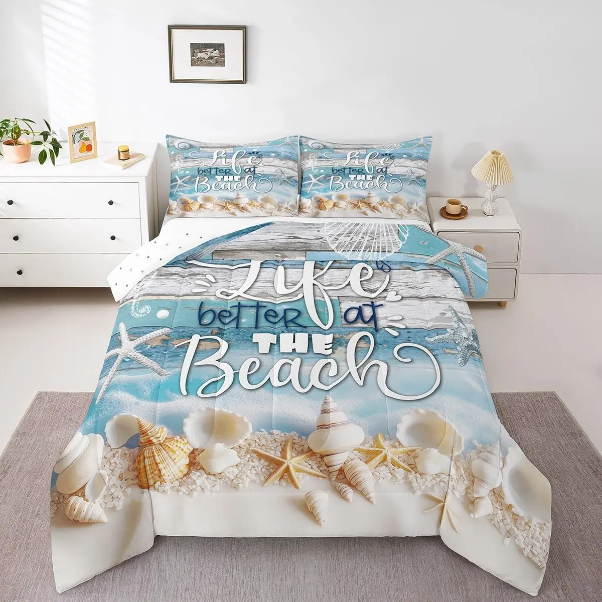 Feelyou Beach Theme Fluffy Soft Warm Cute Bedding Set - Soft Microfiber Lightweight Queen Duvet Set for Kids, Hawaiian Shell, Starfish, Blue Farmhouse Wooden Pattern, Soft Warm Bedding