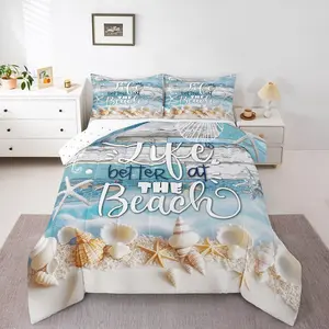 Ocean Comforter Set for Kids Boys Girls,Life Better at The Beach Comforter Set,Hawaiian Shell Starfish Comforter,Blue Farmhouse Wooden Blue Quilt