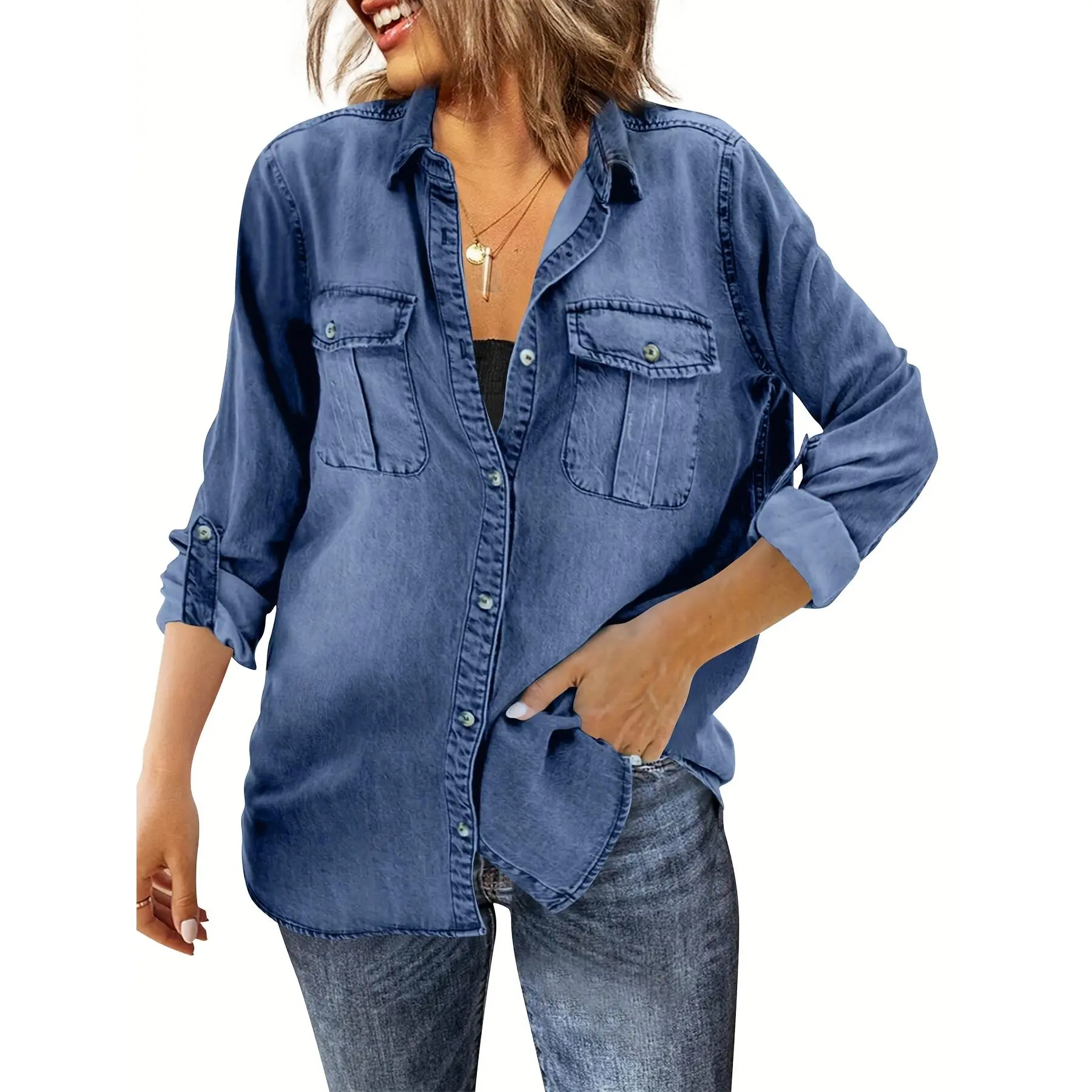 [Women's Denim Shirt] Distressed Denim Shirt Women's Long Sleeve Roll Up Casual Oversized Jean Shirt Jacket Tunic Tops