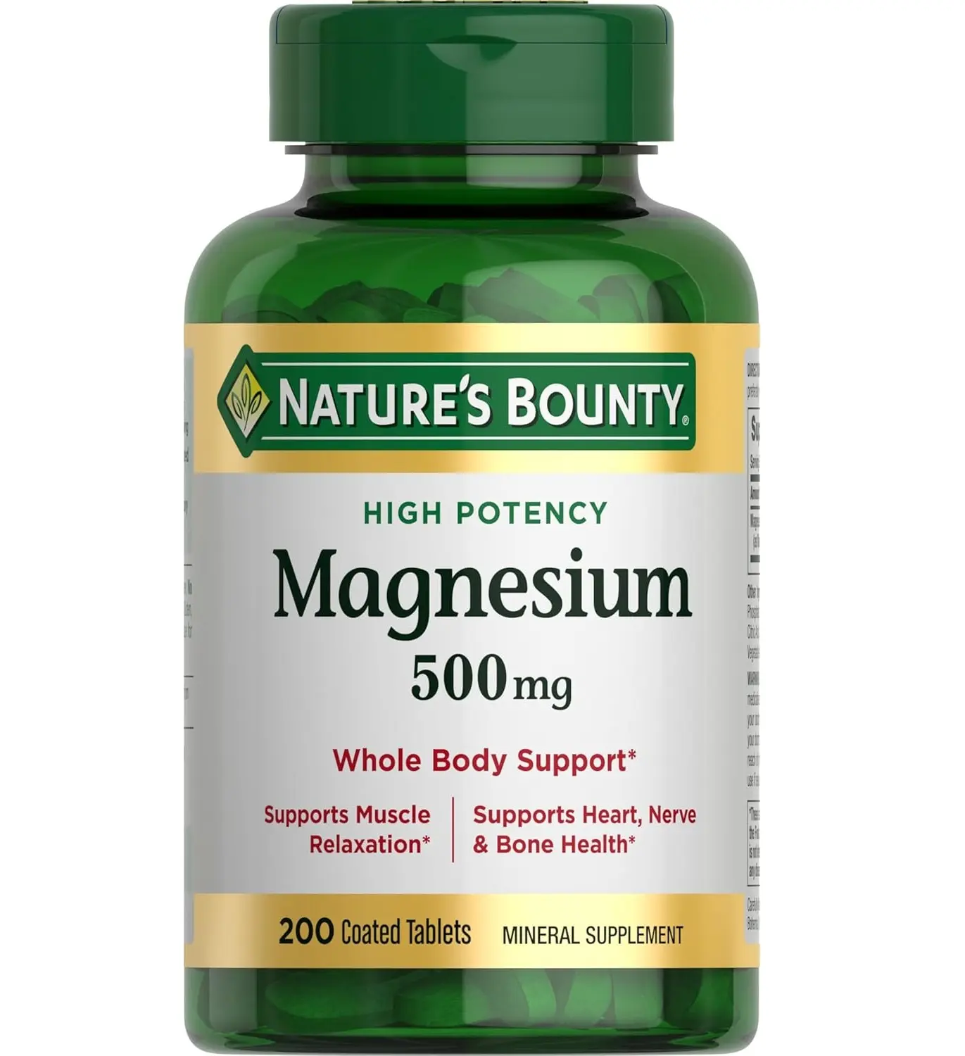 Nature's Bounty Magnesium 500 mg Tablets, High Potency Magnesium Supplement for Bone & Muscle Health, Whole Body Support, 200 Count (Pack of 1)
