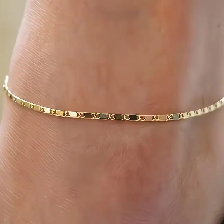 Gold Plated Herringbone Ankle Bracelet for Women, Thin Dainty Chain Anklet, Adjustable Summer Foot Jewelry for Beach Everyday Wear
