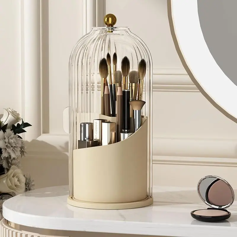 Makeup Brush Holder Organizer with Lid,360 Rotating Clear Dustproof Makeup Brushe Organizer Boxes for Vanity Desktop Bathroom Countertop vanitydresser